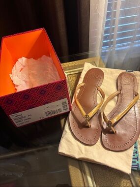 Tory Burch Gold Metallic Leather Thong Sandals